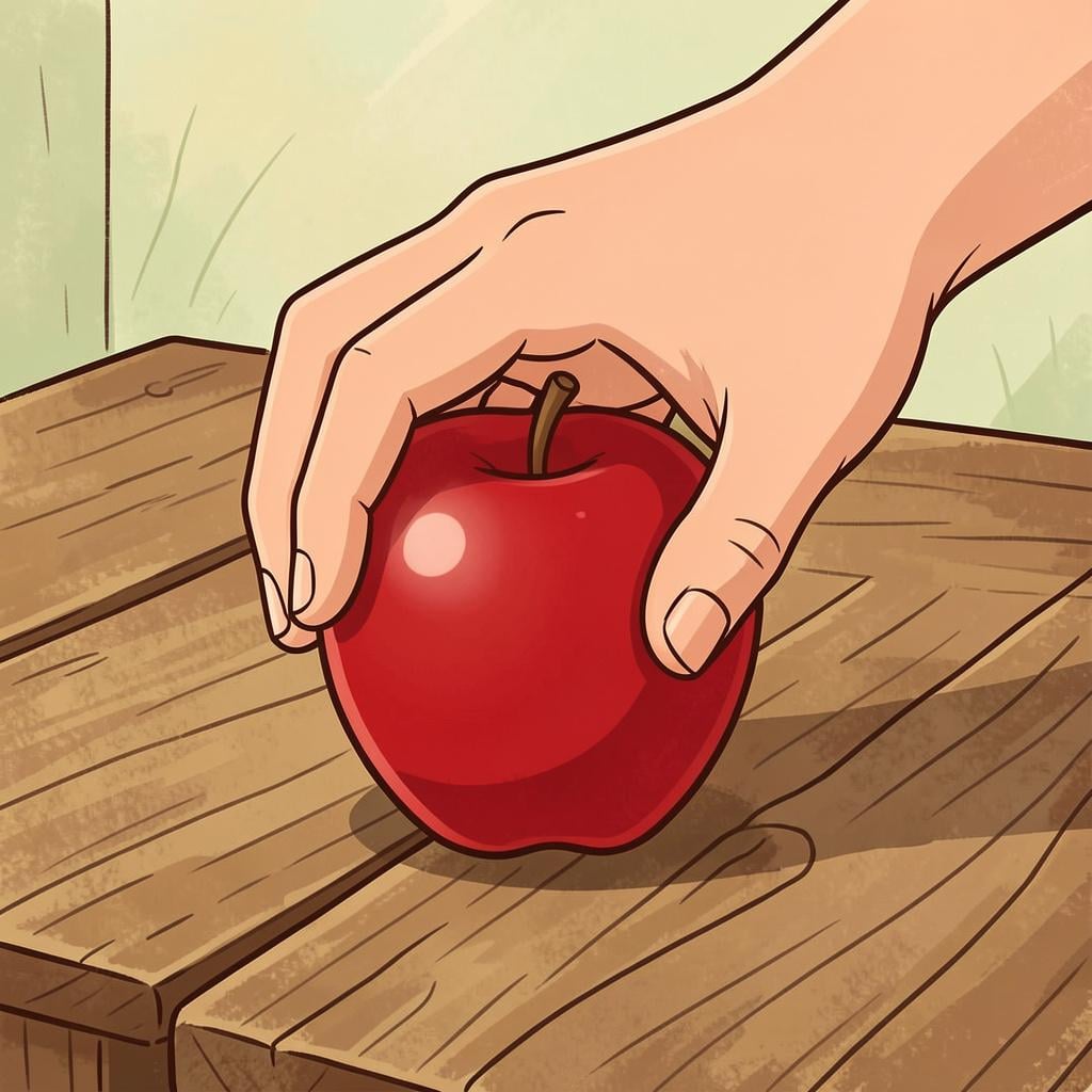 A hand picking up a bright red apple from a wooden table.