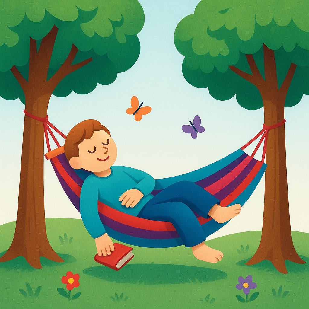 A simple illustration of a person happily relaxing completely in a brightly colored hammock strung between two trees on a sunny day.