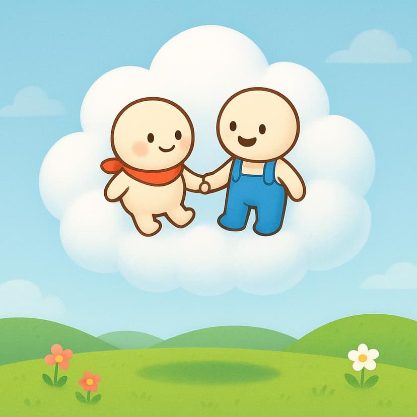 A storybook illustration showing two small, friendly cartoon figures floating together inside a large, soft white cloud. The cloud is hovering slightly above a bright green field, symbolizing a hypothetical state or location.