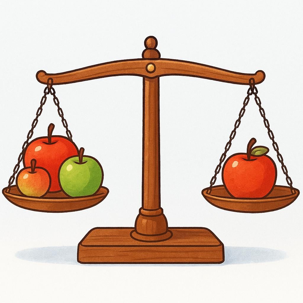 A perfectly level, traditional wooden balance scale with three different-sized apples on one pan and one medium apple balancing them on the other pan.