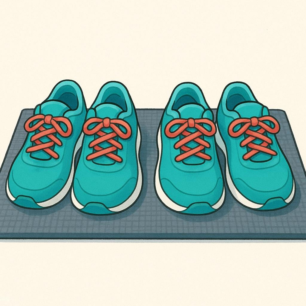 Two identical pairs of running shoes placed neatly side-by-side on a doormat, representing a daily routine.