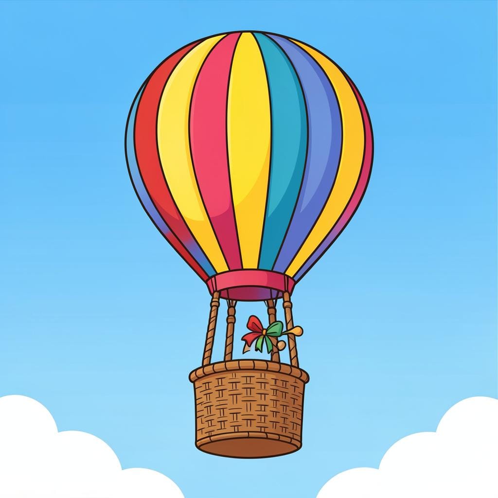 Een grote heteluchtballon met een rieten mand die in de lucht zweeft.