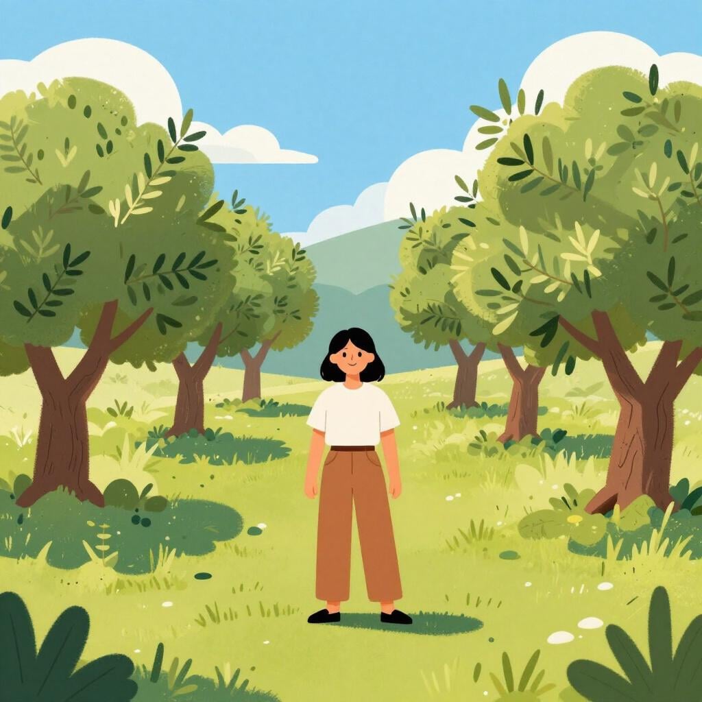 Uma pessoa feliz em frente a uma paisagem mediterrânea com oliveiras.