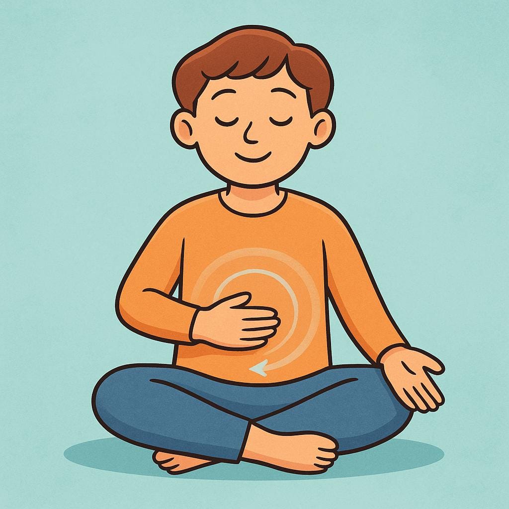 A person sitting cross-legged in a calm, meditative pose, placing a hand on their abdomen to focus on controlled, deep breathing, illustrating a specific technique.