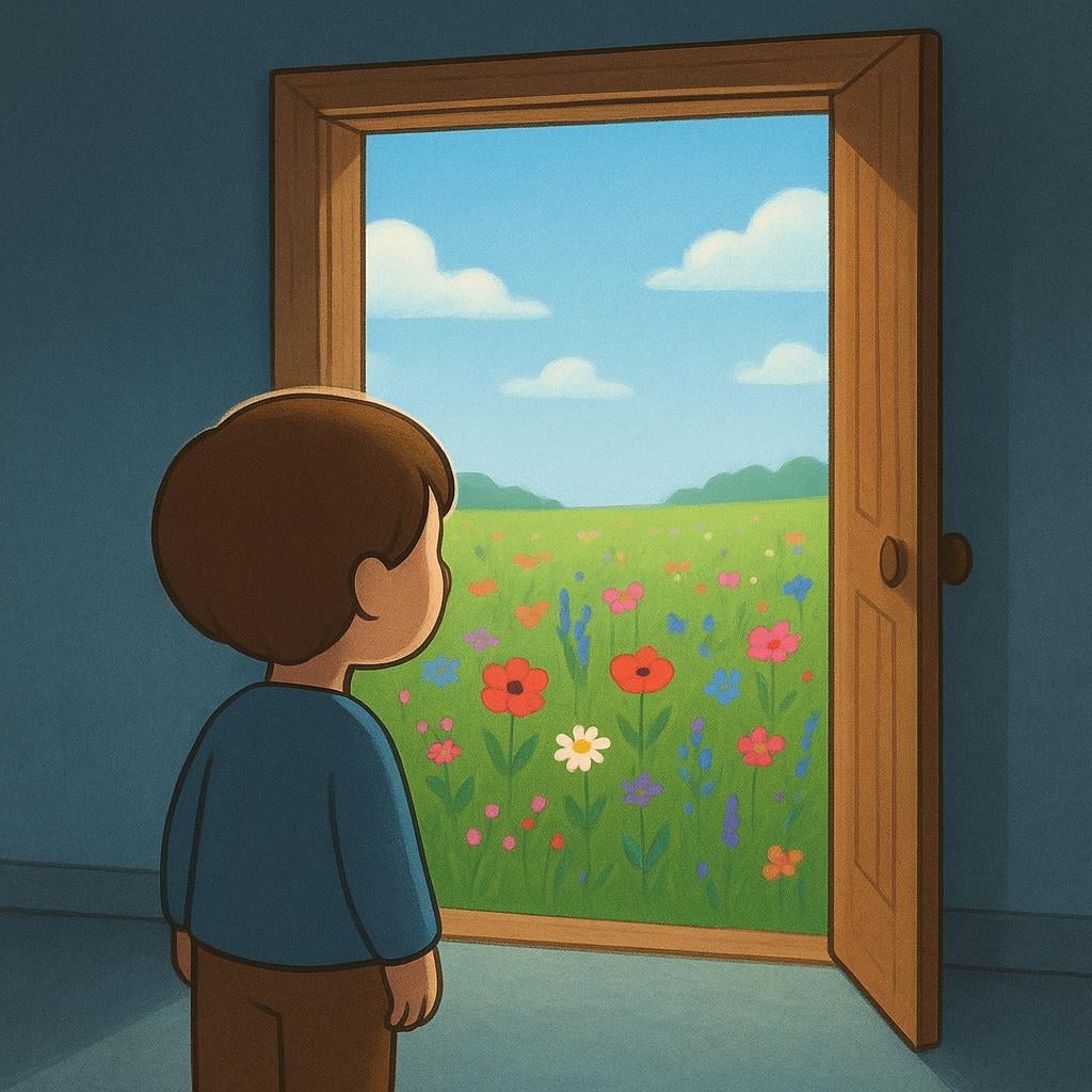A stylized image showing a person looking through an open door. The area outside the door is brightly lit and shows a beautiful, inviting landscape, symbolizing opportunity.