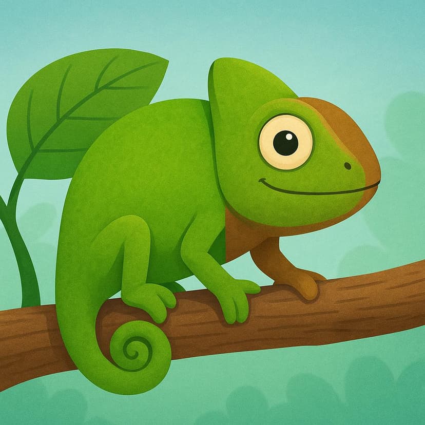A chameleon visually demonstrating color change, with one side matching a green leaf and the other side matching brown bark.