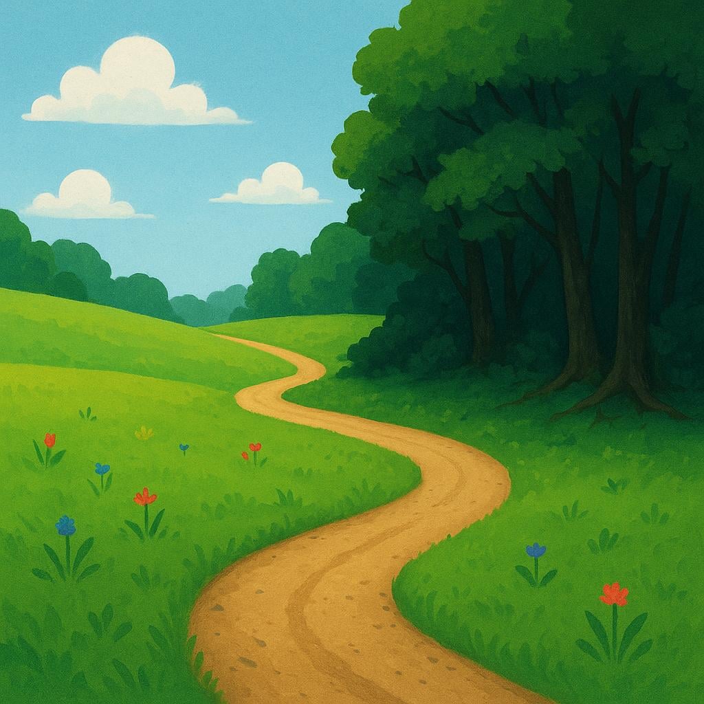 A winding dirt path leads through a landscape, transitioning clearly from a bright, open meadow into a dense, dark green forest, symbolizing a new phase or period.