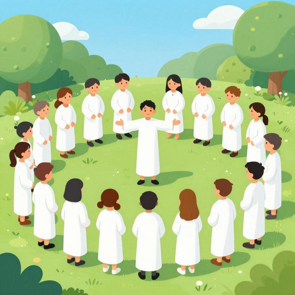 Een groep mensen in identieke witte gewaden die in een cirkel staan rond een charismatische leider in een lichte tuin.