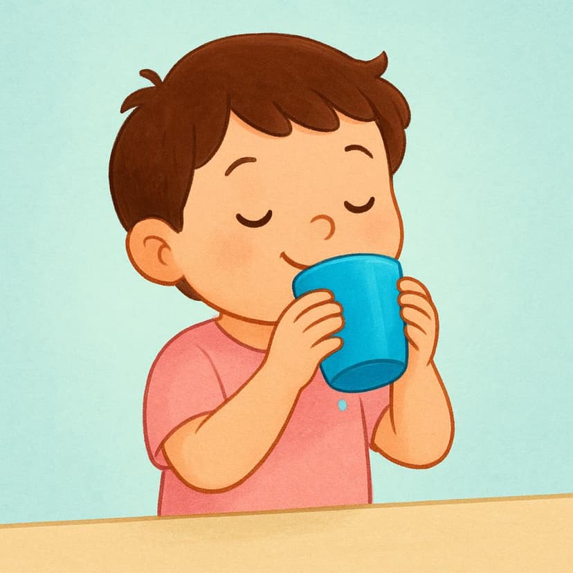 Prosta ilustracja przedstawiająca radosne dziecko pijące płyn z jaskrawoniebieskiego kubka.