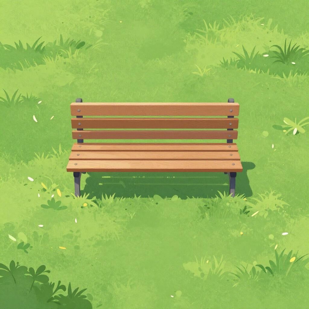 A view looking straight down from a high height at a small park bench on a grassy field.