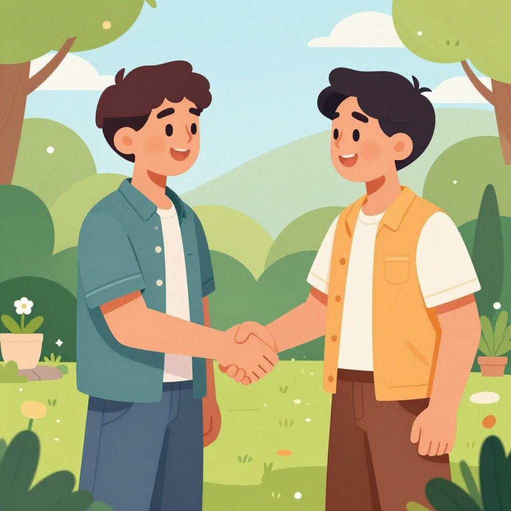 Due uomini amichevoli in piedi fianco a fianco, sorridenti e stringendosi calorosamente la mano in un giardino.