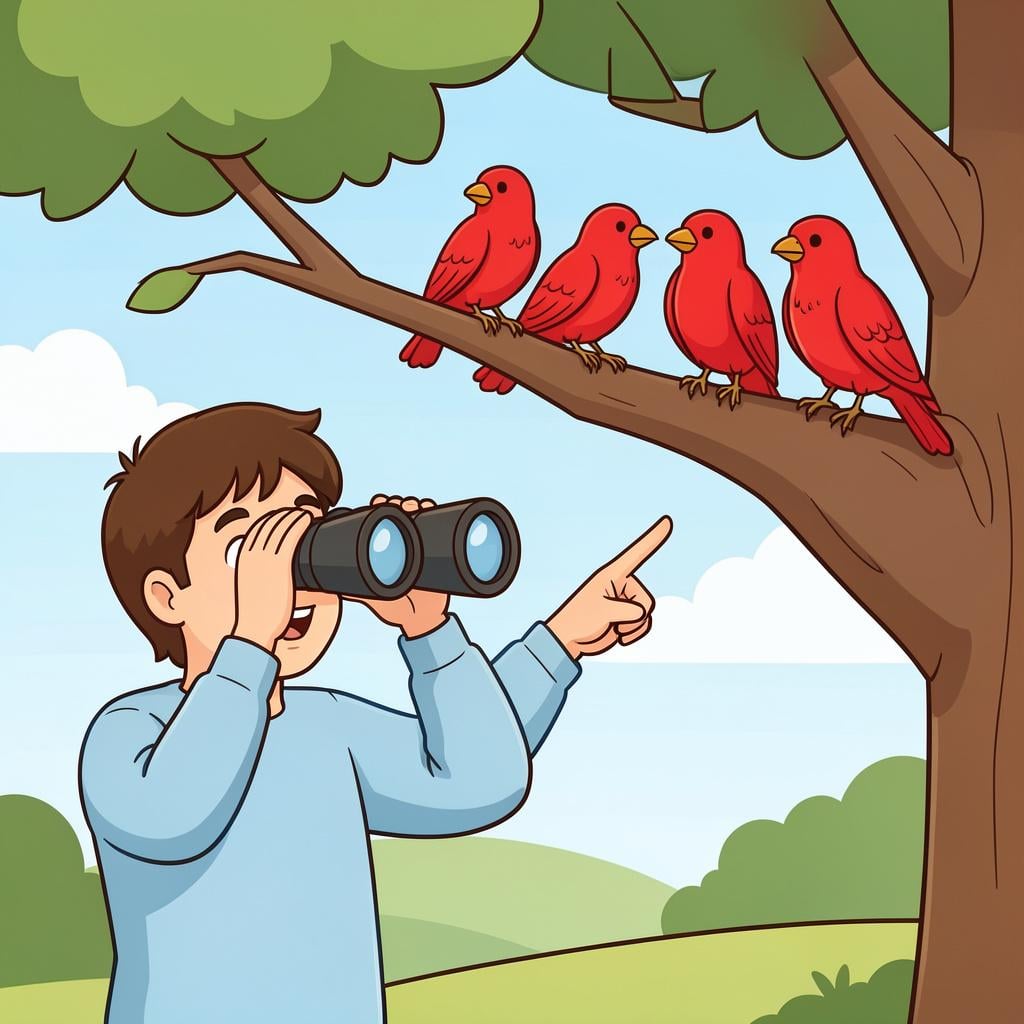 A person looking through high-quality binoculars and pointing happily at a group of colorful birds in a tree.