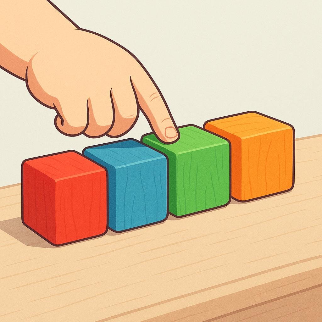 A child's hand points at four colorful wooden blocks lined up on a table, illustrating the action of counting.