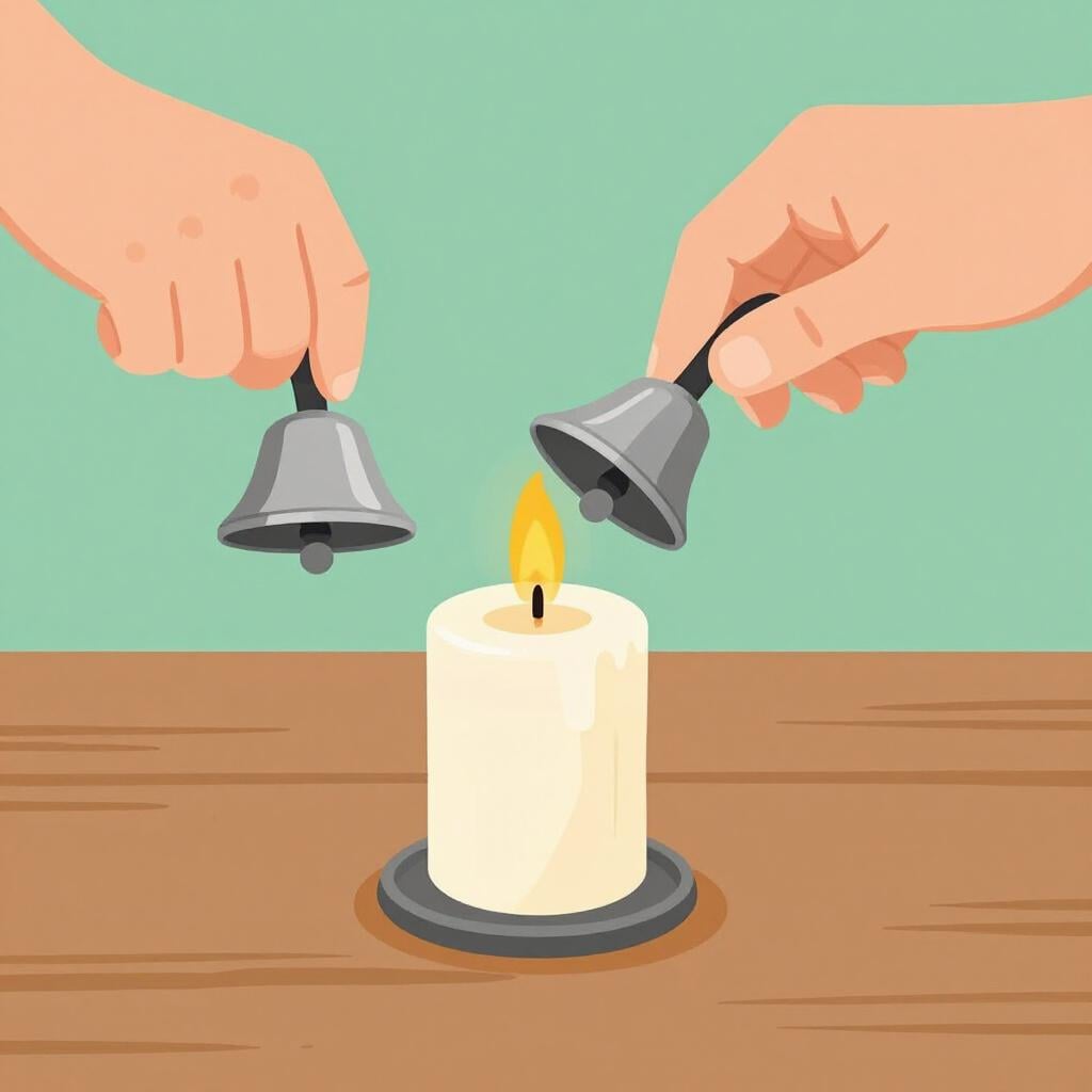 A hand holding a metal snuffer over a lit candle flame to put it out.
