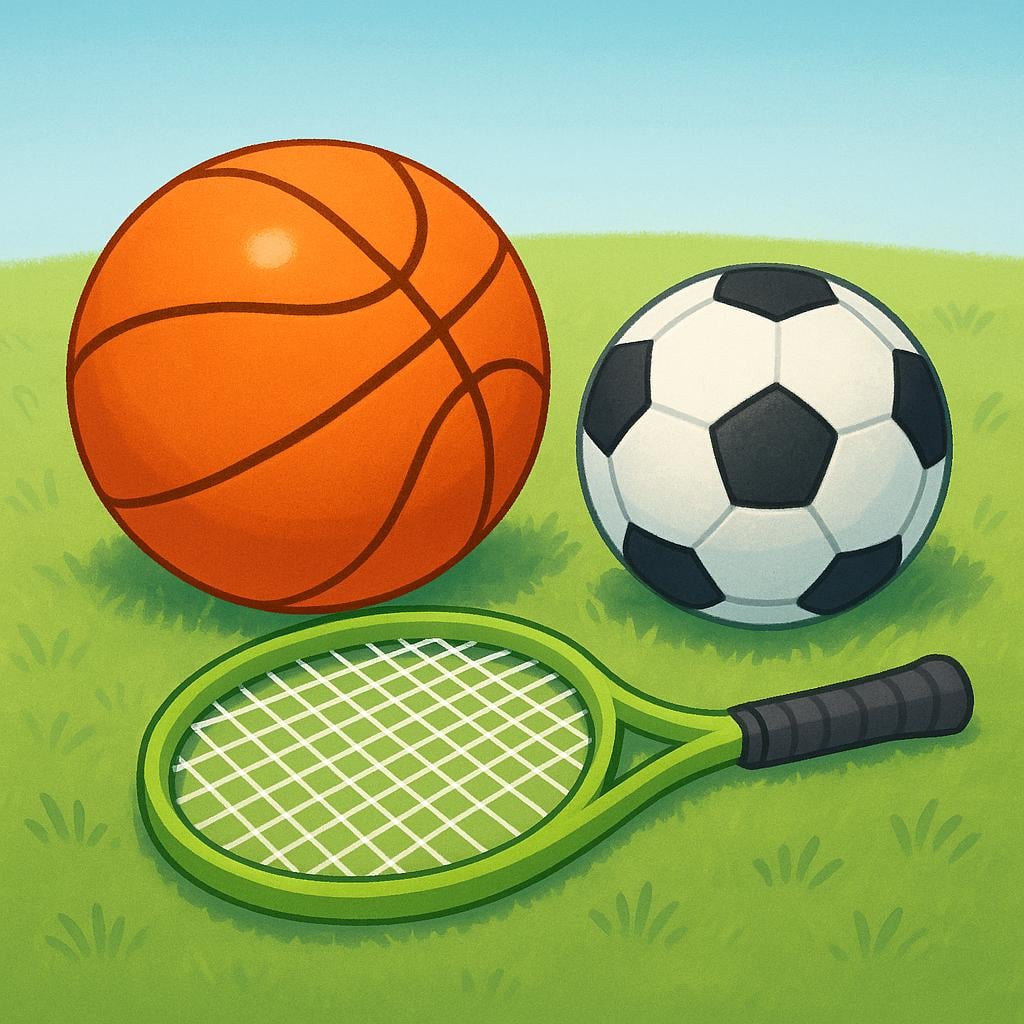 A high quality storybook illustration showing three pieces of sports equipment resting on a grassy field: a basketball, a black and white soccer ball, and a tennis racket with a tennis ball.