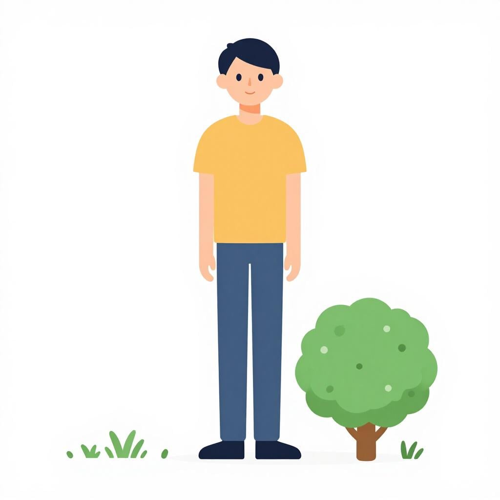 A tall person standing next to a small flowering bush in a garden.