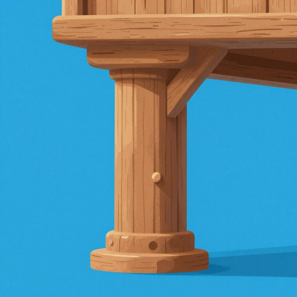 A large, sturdy central pillar supporting the roof of a beautiful wooden pavilion.