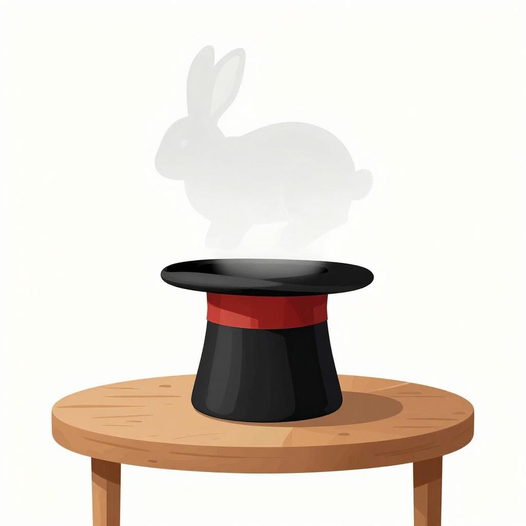 A magician's hat on a wooden table with a faint, translucent outline of a rabbit fading into the air.