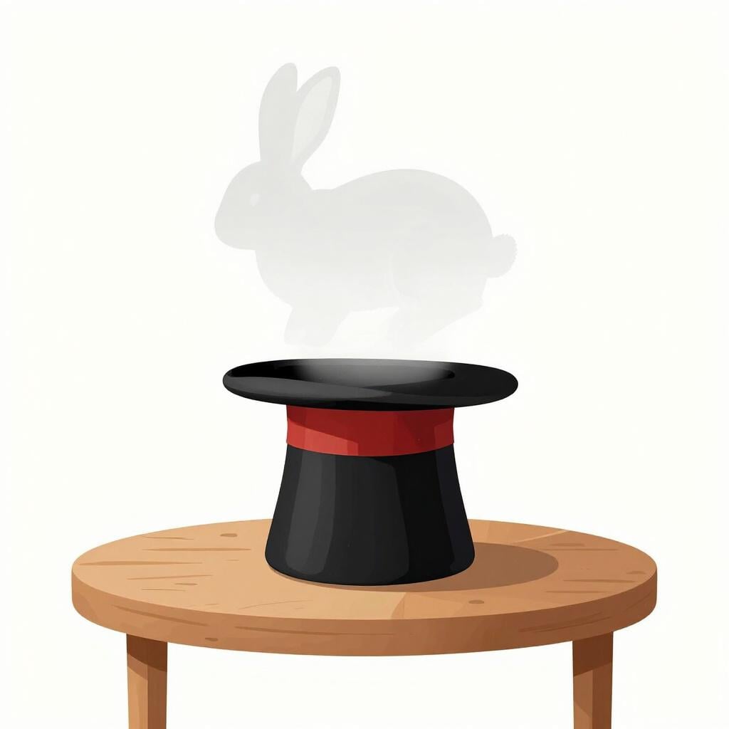 A magician's hat on a wooden table with a faint, translucent outline of a rabbit fading into the air.