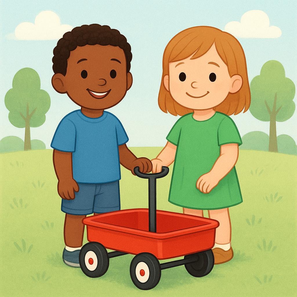 Two small children smiling happily as they jointly hold the handle of a bright red toy wagon, symbolizing shared ownership.