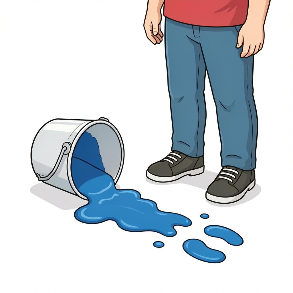 A person looking nervous while standing next to a spilled bucket of blue paint and a trail of blue footprints.