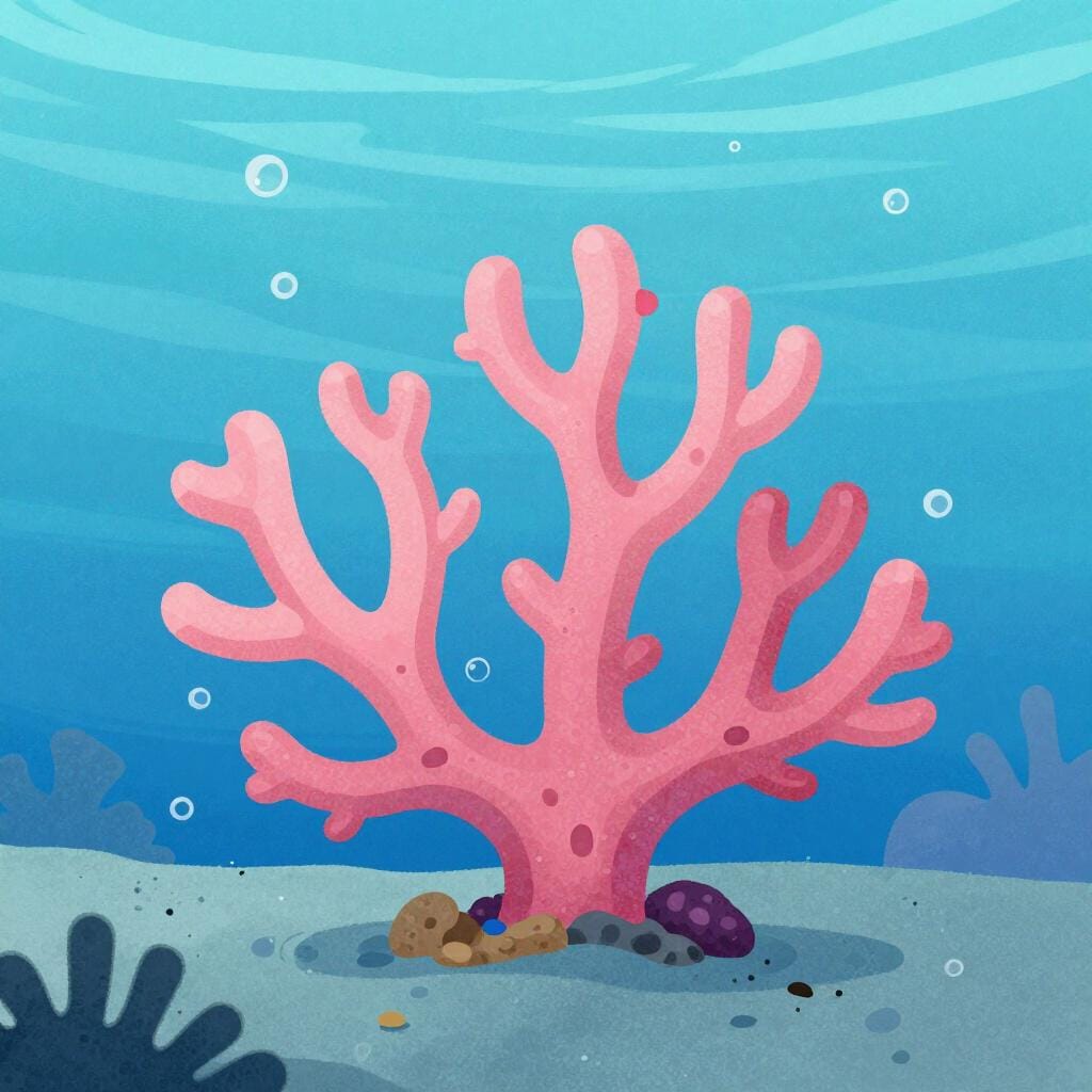 A vibrant piece of pink coral underwater on the sandy ocean floor.