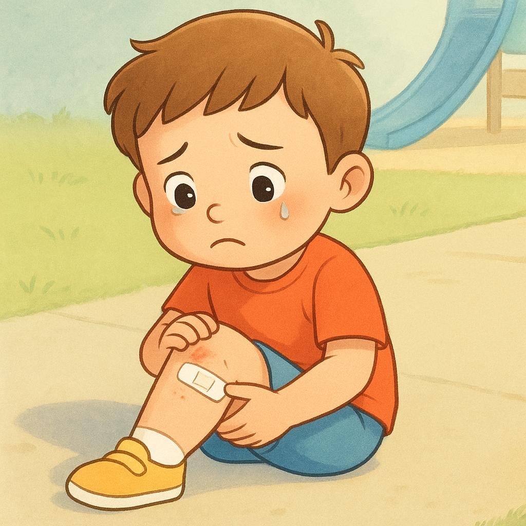 A sad child sitting down and holding a bandaged knee, illustrating undergoing a negative experience.