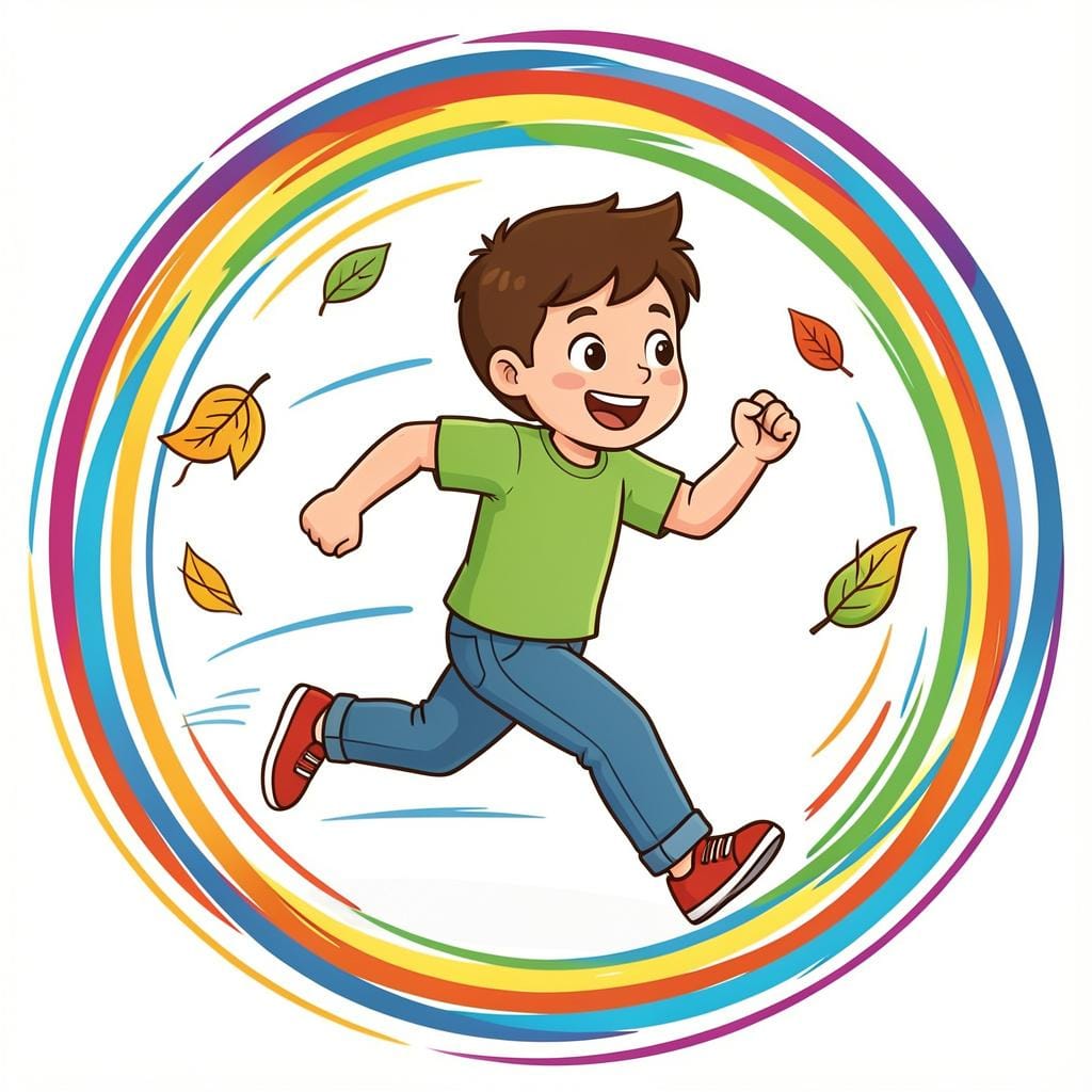 A small child running quickly in a circle, leaving a colorful trail of motion behind them.