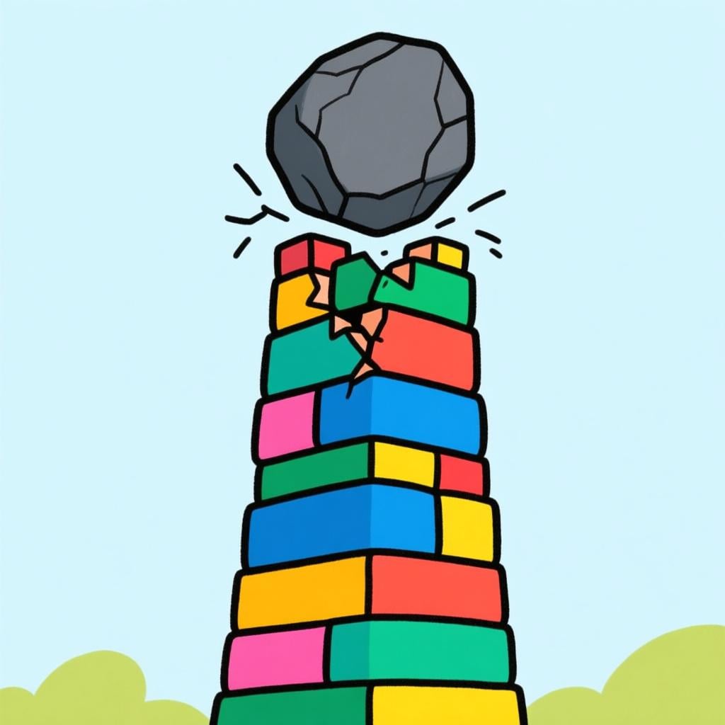 A child happily building a tall tower out of colorful blocks. The top block, representing the worst part, is a large, ugly gray rock that is crushing the colorful blocks beneath it.