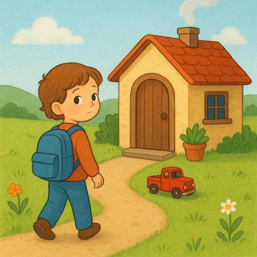 A storybook illustration showing a child walking away from a cozy cottage, looking back at a single red toy truck deliberately left behind on the doorstep.