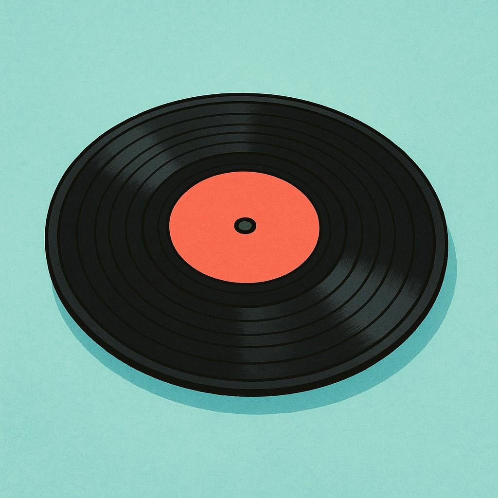 A close-up illustration of a black vinyl record with a colorful label at its center.