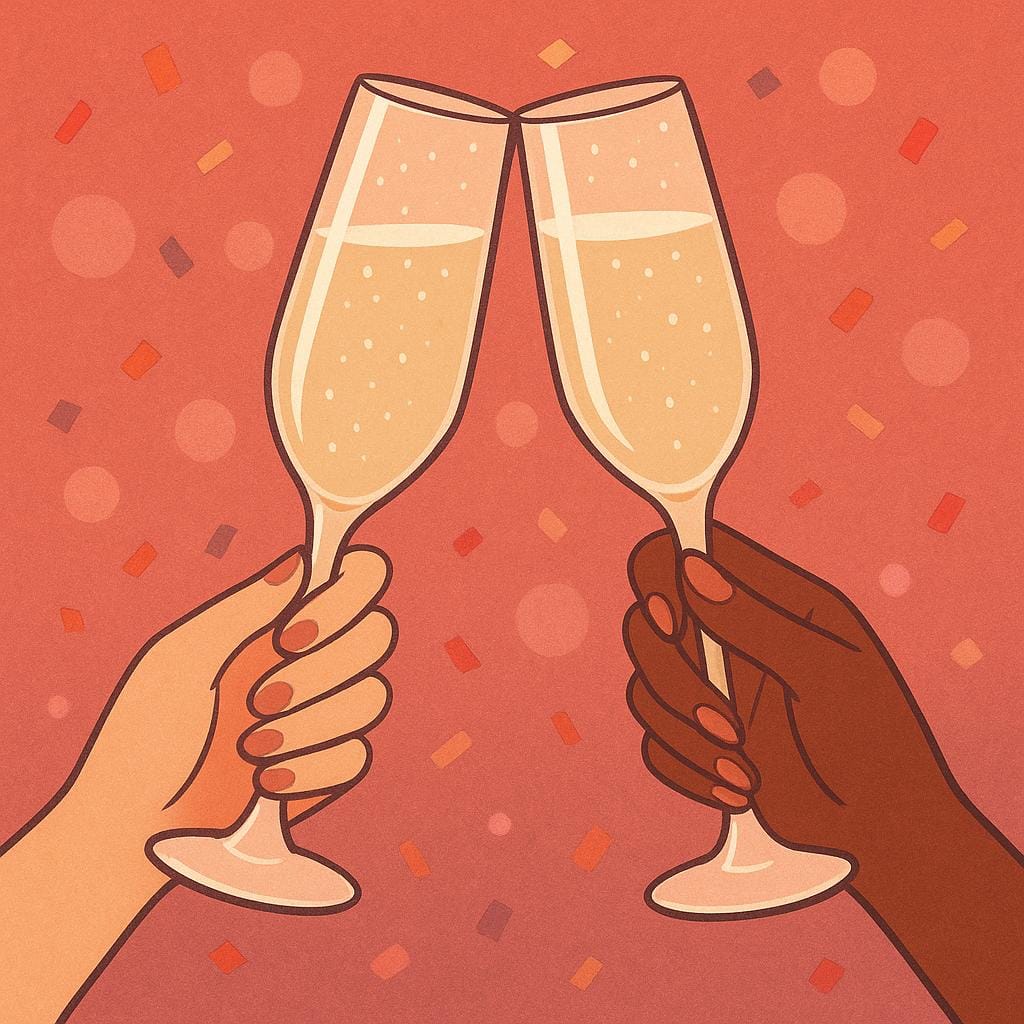 Een close-up van twee handen die wijnglazen met steel vasthouden en ze tegen elkaar tikken in een feestelijke toost.