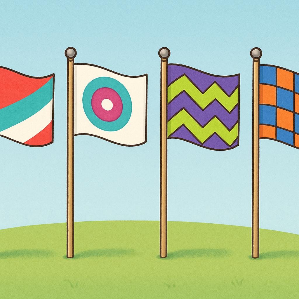 A row of four distinct, brightly colored, geometric flags flying side-by-side on flagpoles against a clear blue sky, symbolizing multiple sovereign entities.