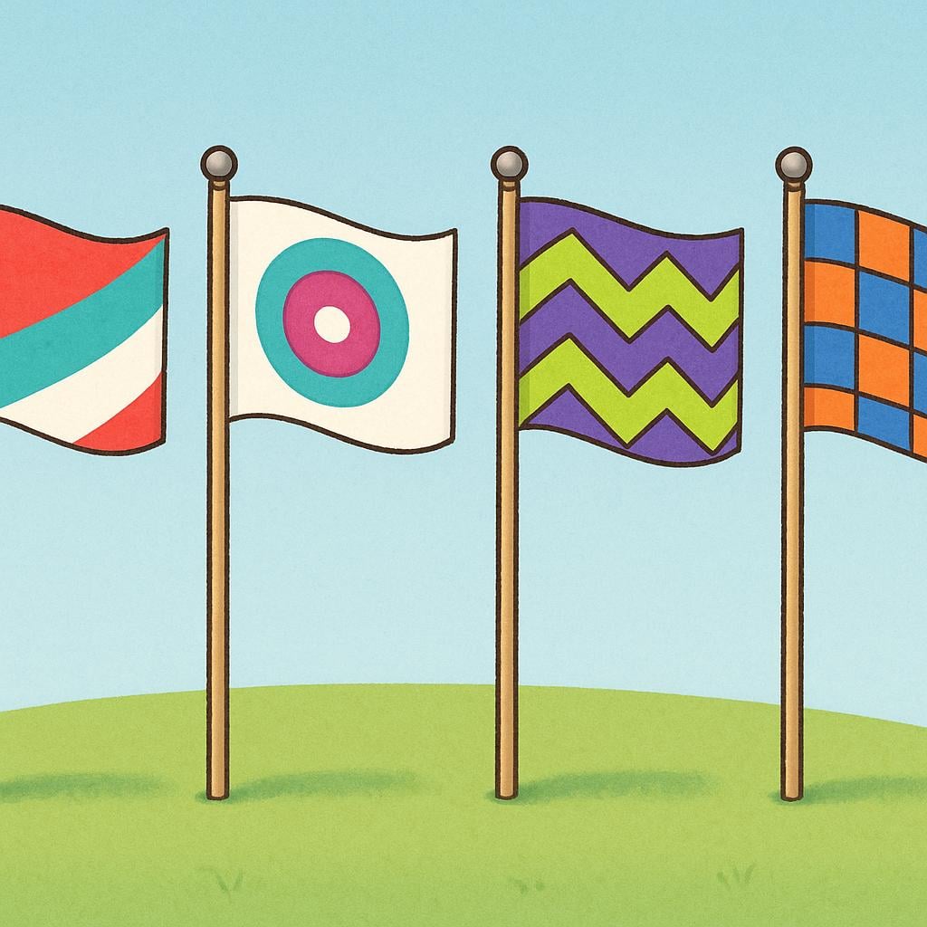 A row of four distinct, brightly colored, geometric flags flying side-by-side on flagpoles against a clear blue sky, symbolizing multiple sovereign entities.