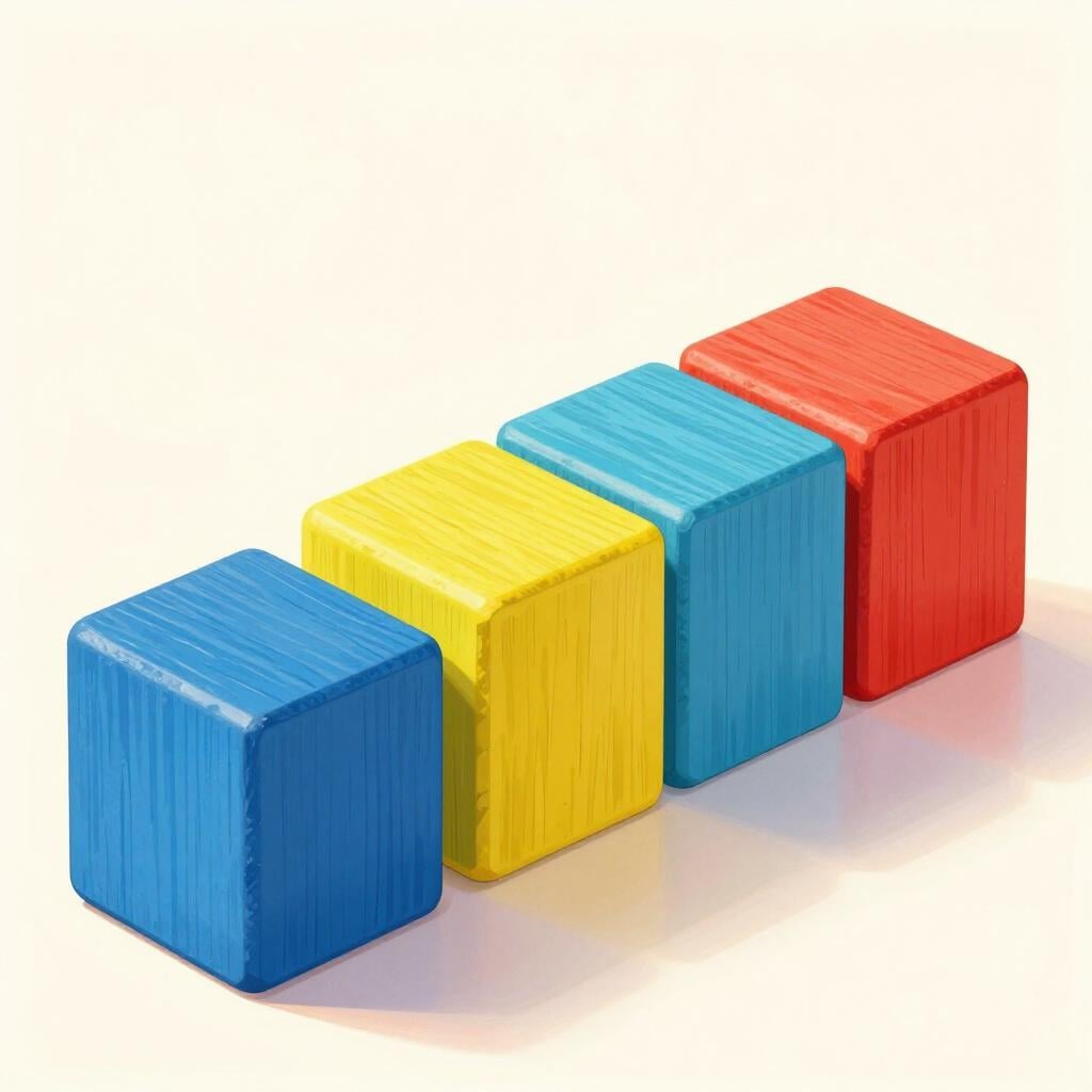 A row of colorful building blocks perfectly aligned and connected in a straight line.