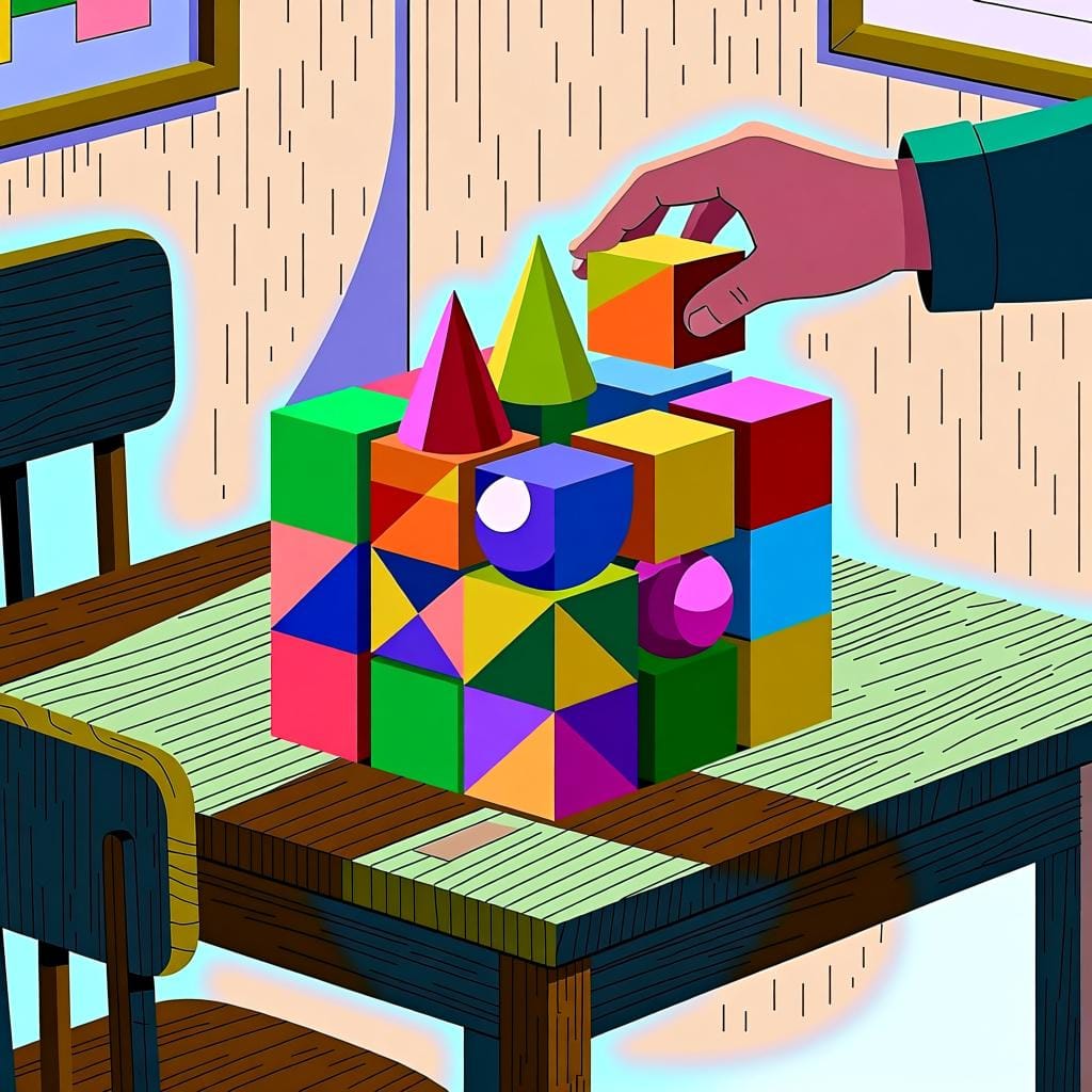 A close-up of a wooden desk where a hand is actively arranging a collection of diverse, brightly colored 3D geometric shapes into a specific pattern, symbolizing a logic exercise.