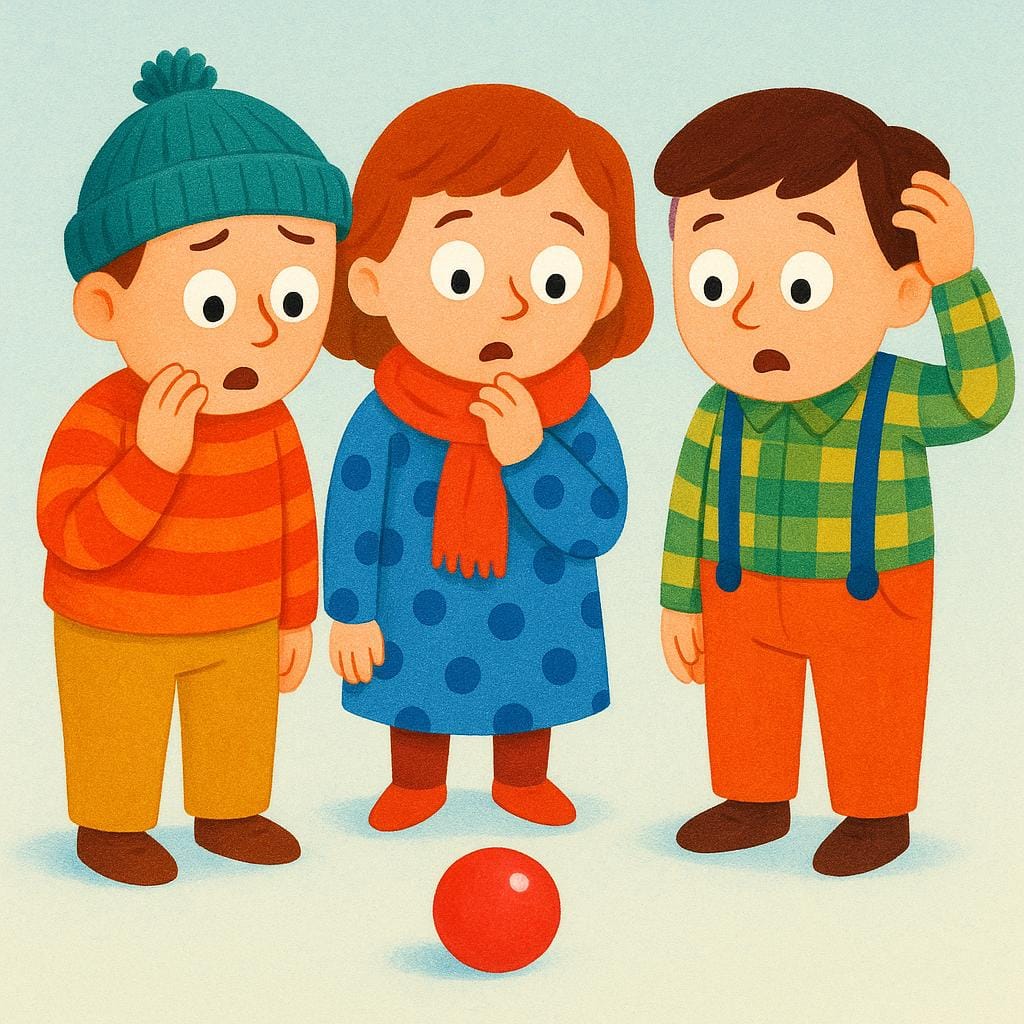 A group of three cartoon figures standing together, looking confused and utterly baffled by a simple red rubber ball, representing a group of idiots.