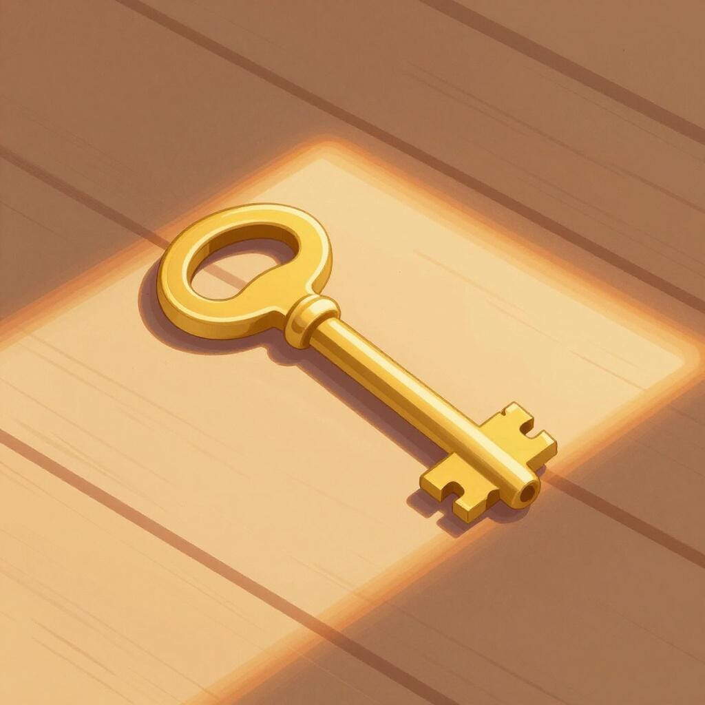 A small golden key lying on a wooden floor in a beam of sunlight.