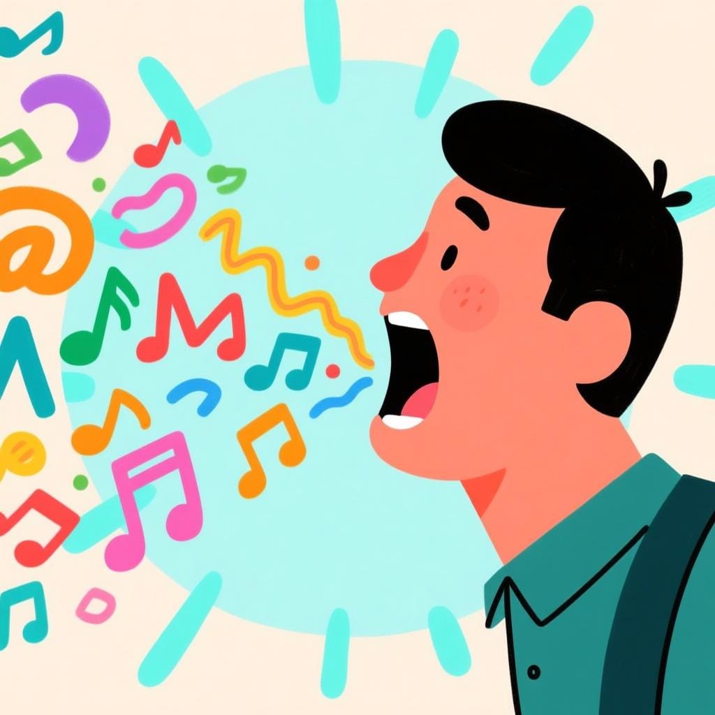 A person speaking quickly, with colorful, abstract shapes representing sounds or words being sucked back into their mouth.