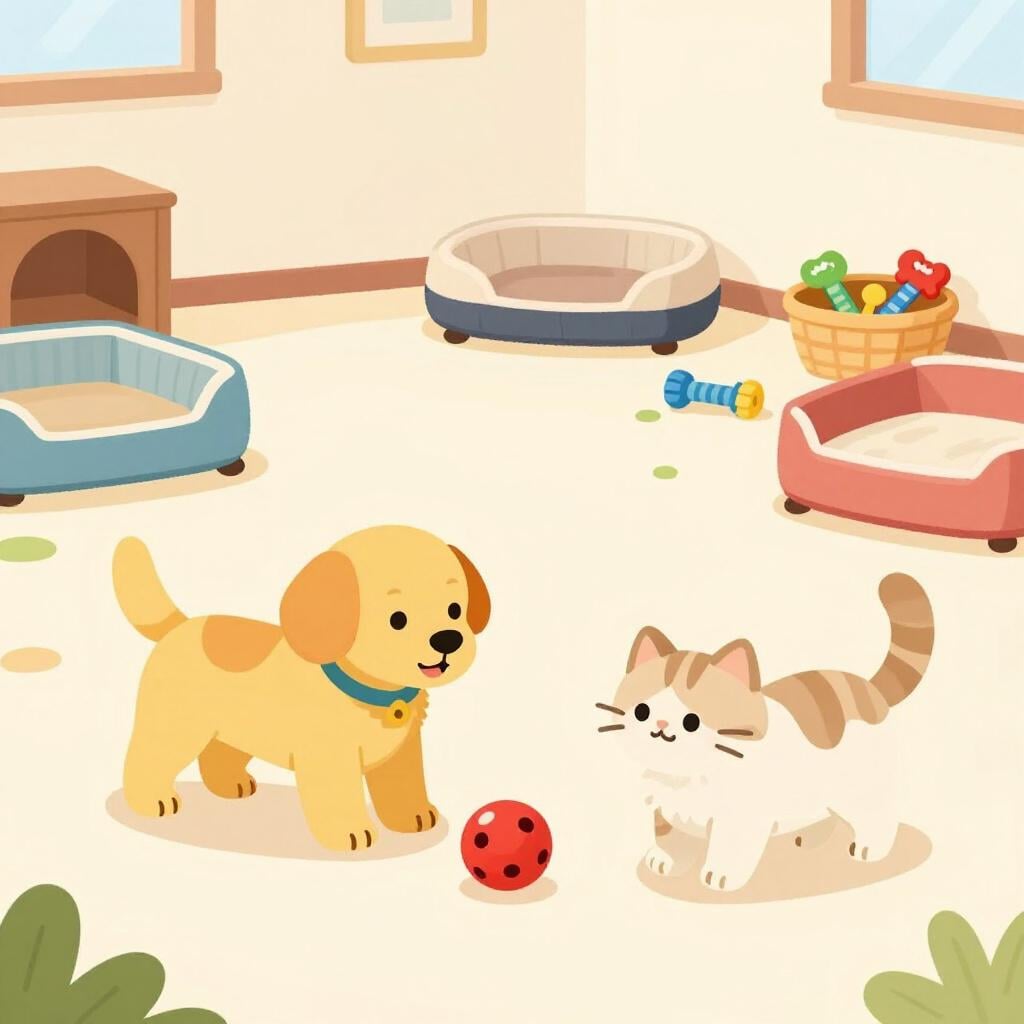 A happy dog and a cat playing with a ball in a room with pet beds.