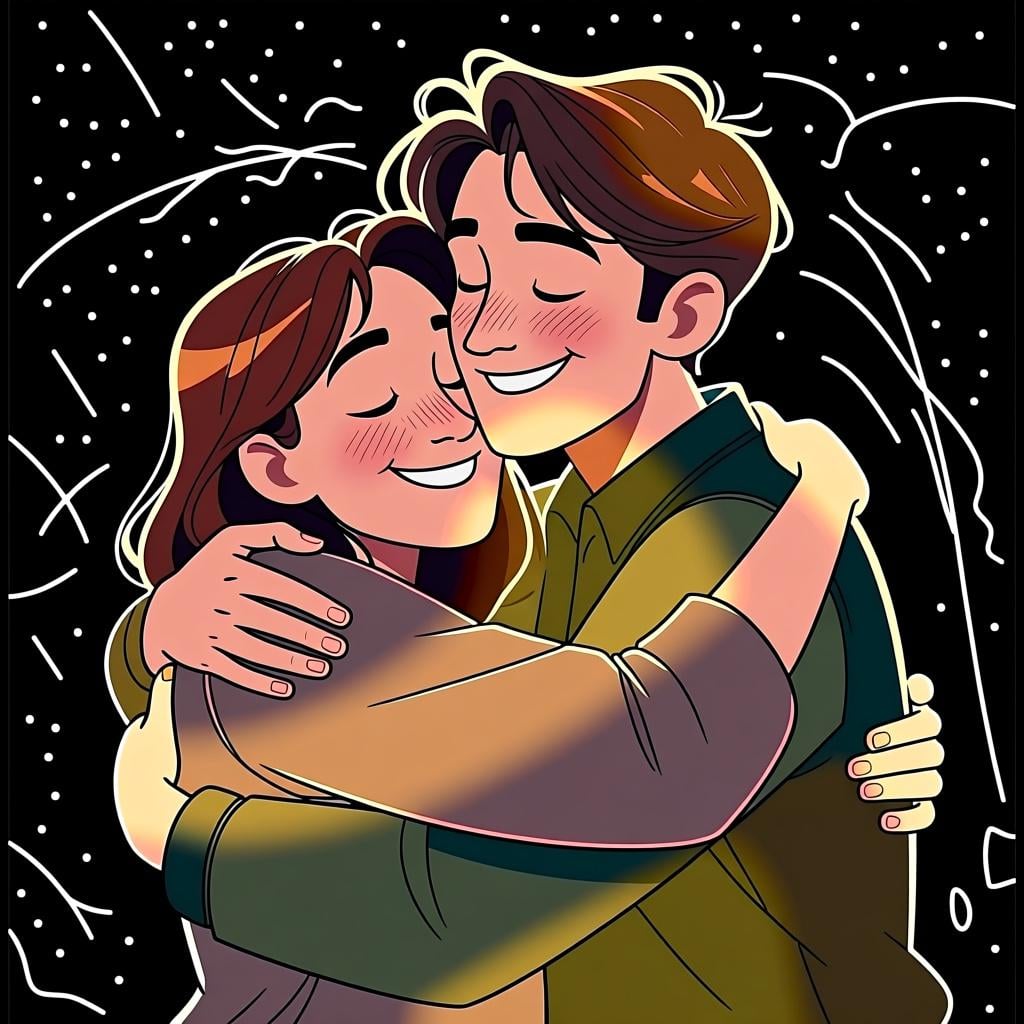 A person giving a warm, friendly hug to another person, showing affection for family or a close friend.