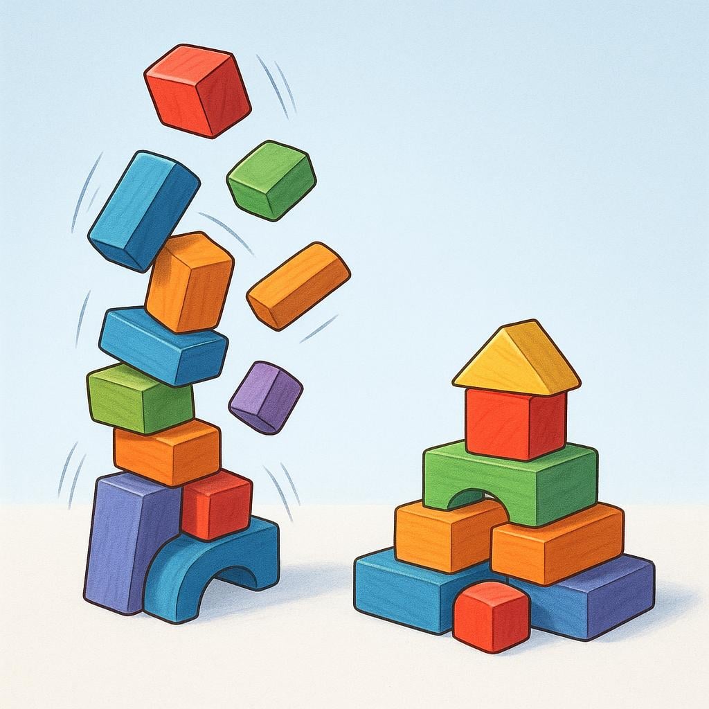 A tall stack of colorful blocks that has partially fallen and settled into a lower, stable position, illustrating a financial market correction.
