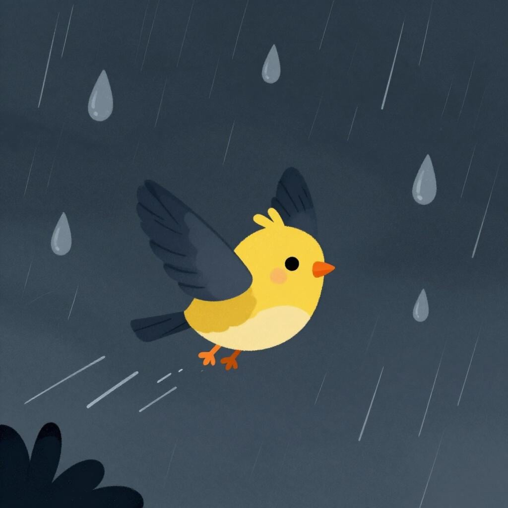 Um pássaro pequeno voando através de uma forte tempestade com nuvens escuras.