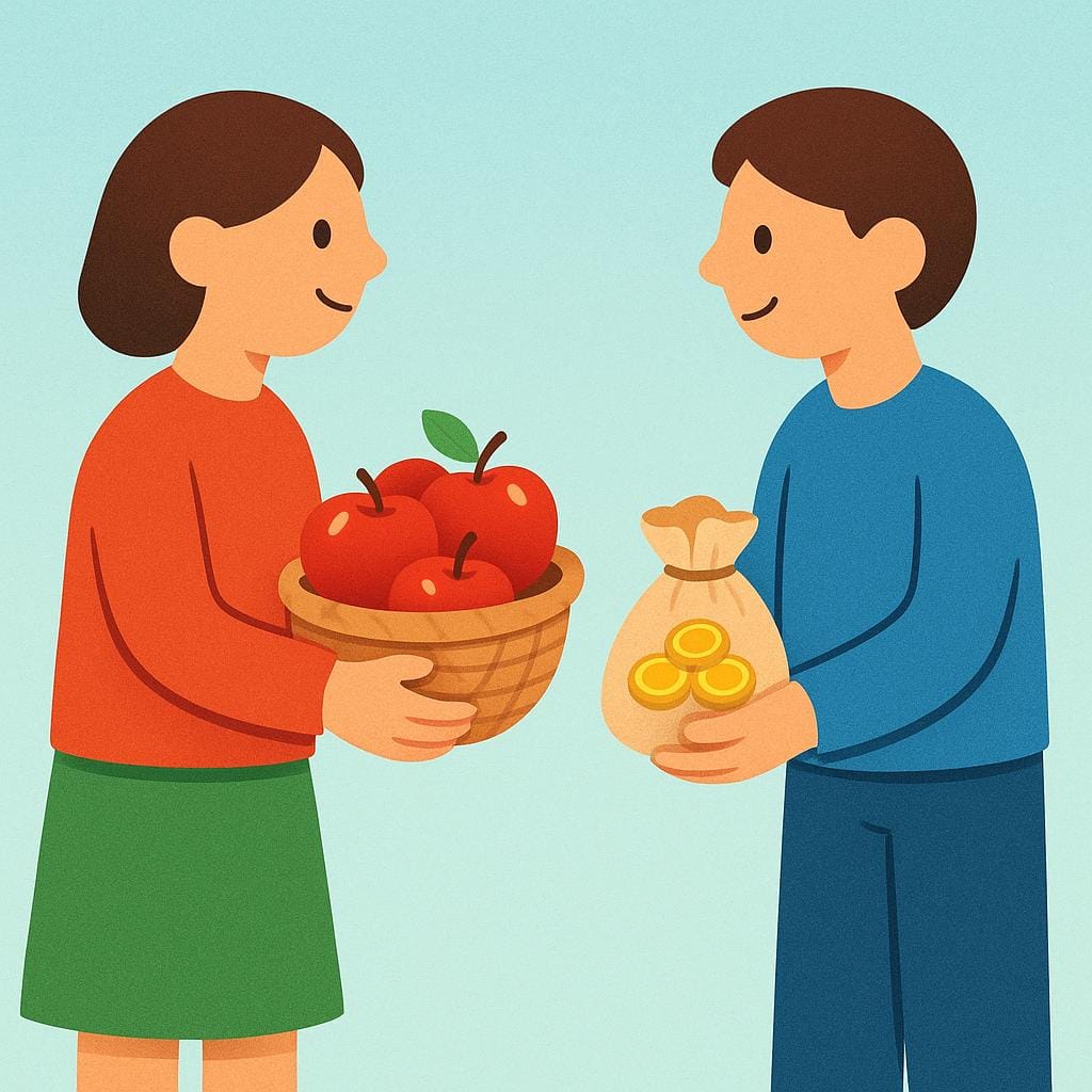 Two stylized figures engaging in trade. One figure holds a basket of fruit, and the other holds a small sack of money, symbolizing the exchange that defines commerce.