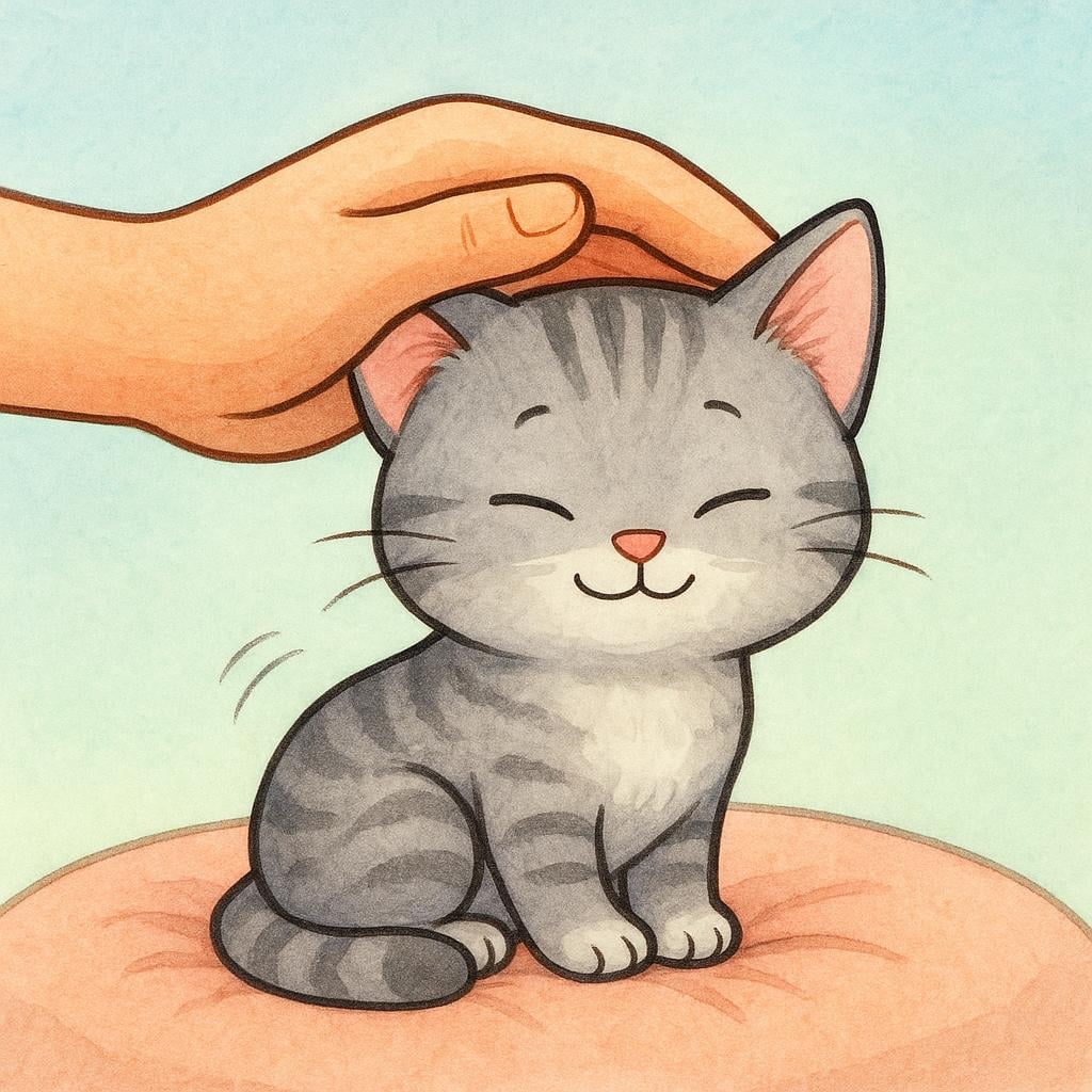A large, gentle hand softly petting a small, slightly trembling kitten until it relaxes and closes its eyes, showing the action of soothing.