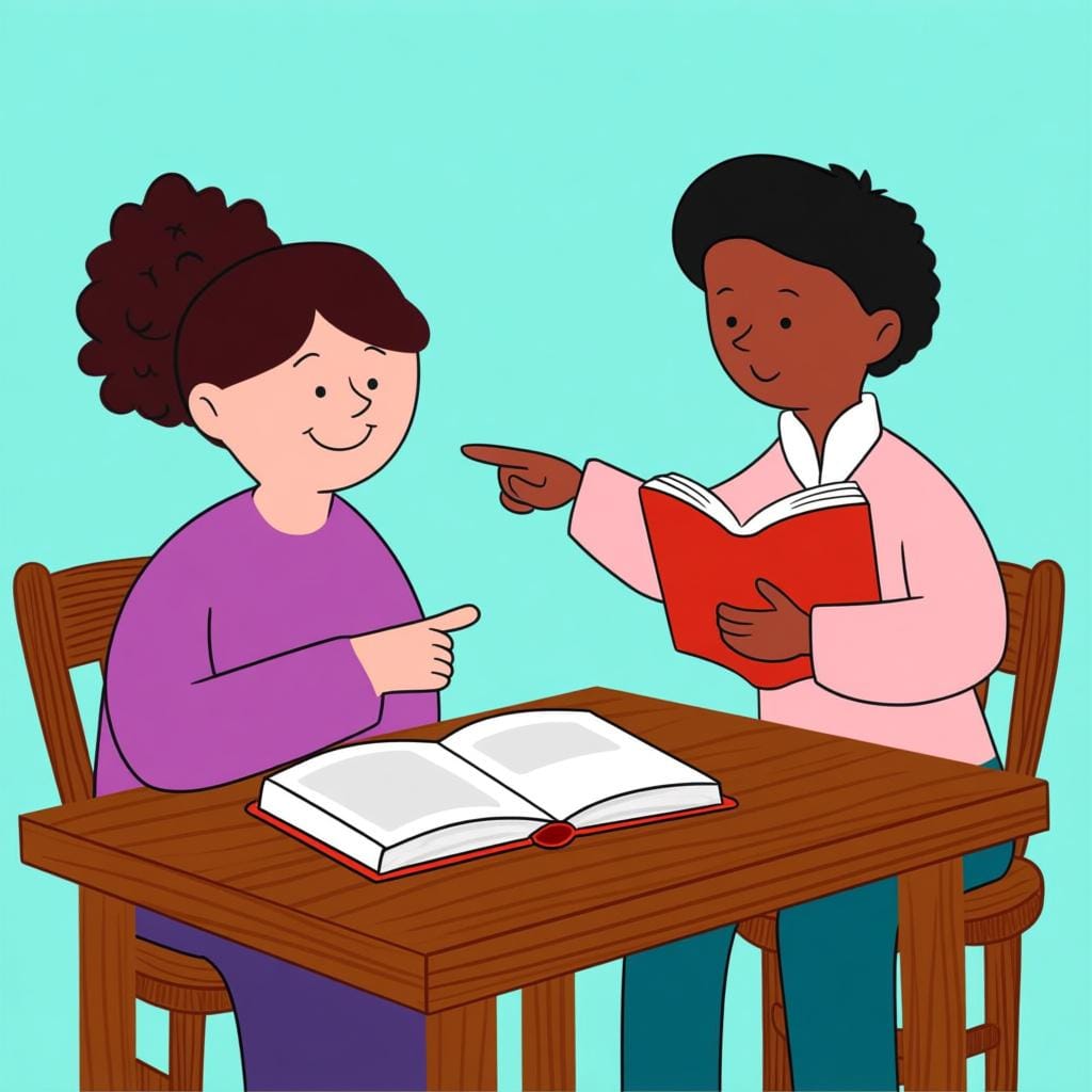 Uno studente amichevole indica un libro di testo aperto su una scrivania, incoraggiando un altro studente a studiare o leggere.