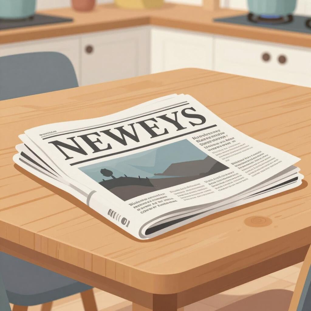 A neatly folded newspaper lying flat on a wooden table, ready to be read.