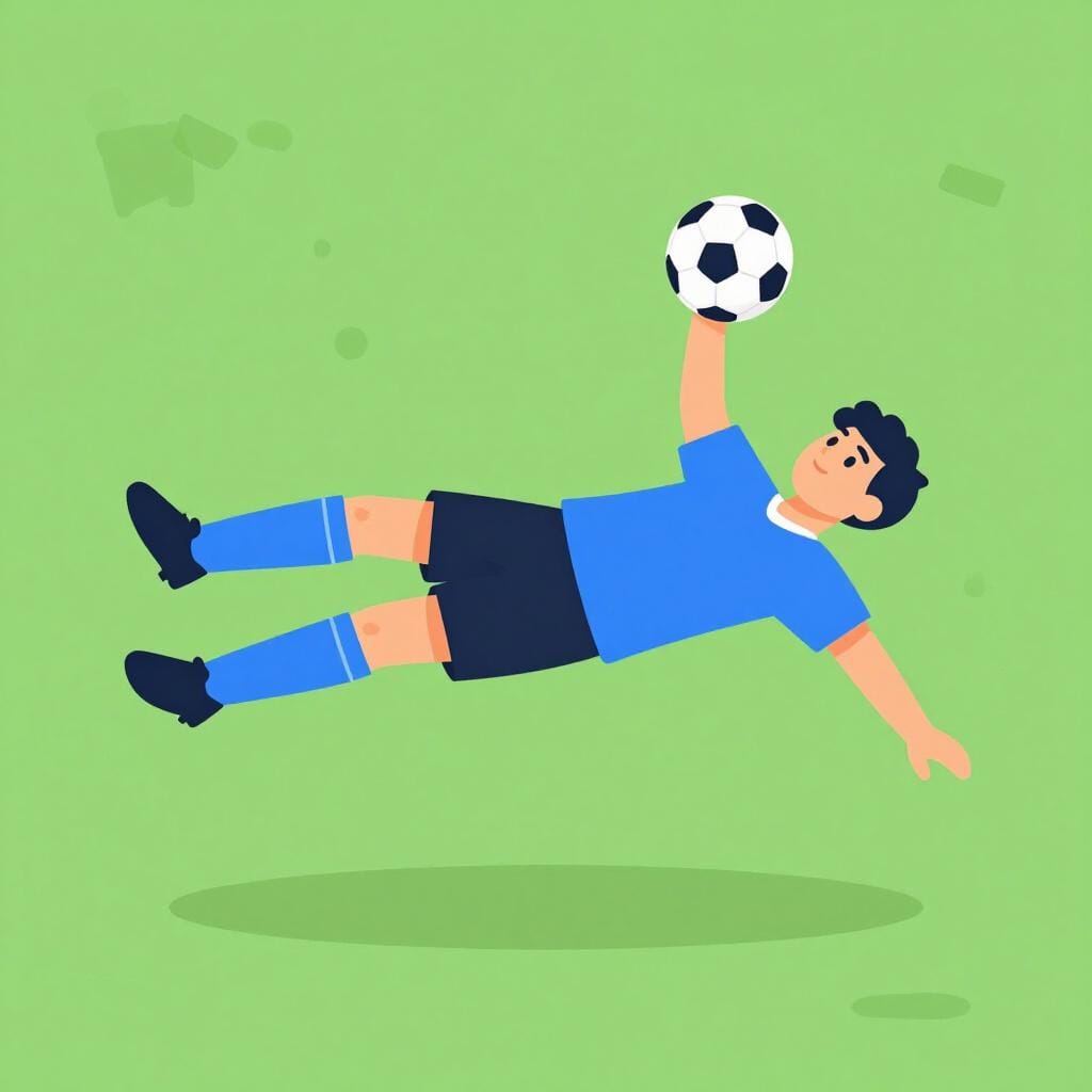 A soccer player in mid-air, diving horizontally to hit a soccer ball with their head above green grass.