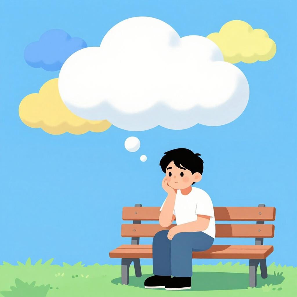 A person sitting on a park bench looking up at the clouds with a dreamy, distracted expression.