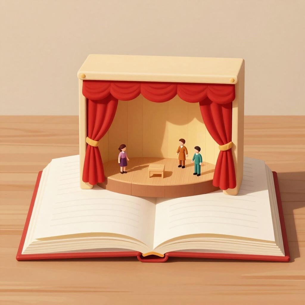 An open book on a table with a small theater stage and tiny actors emerging from the pages.